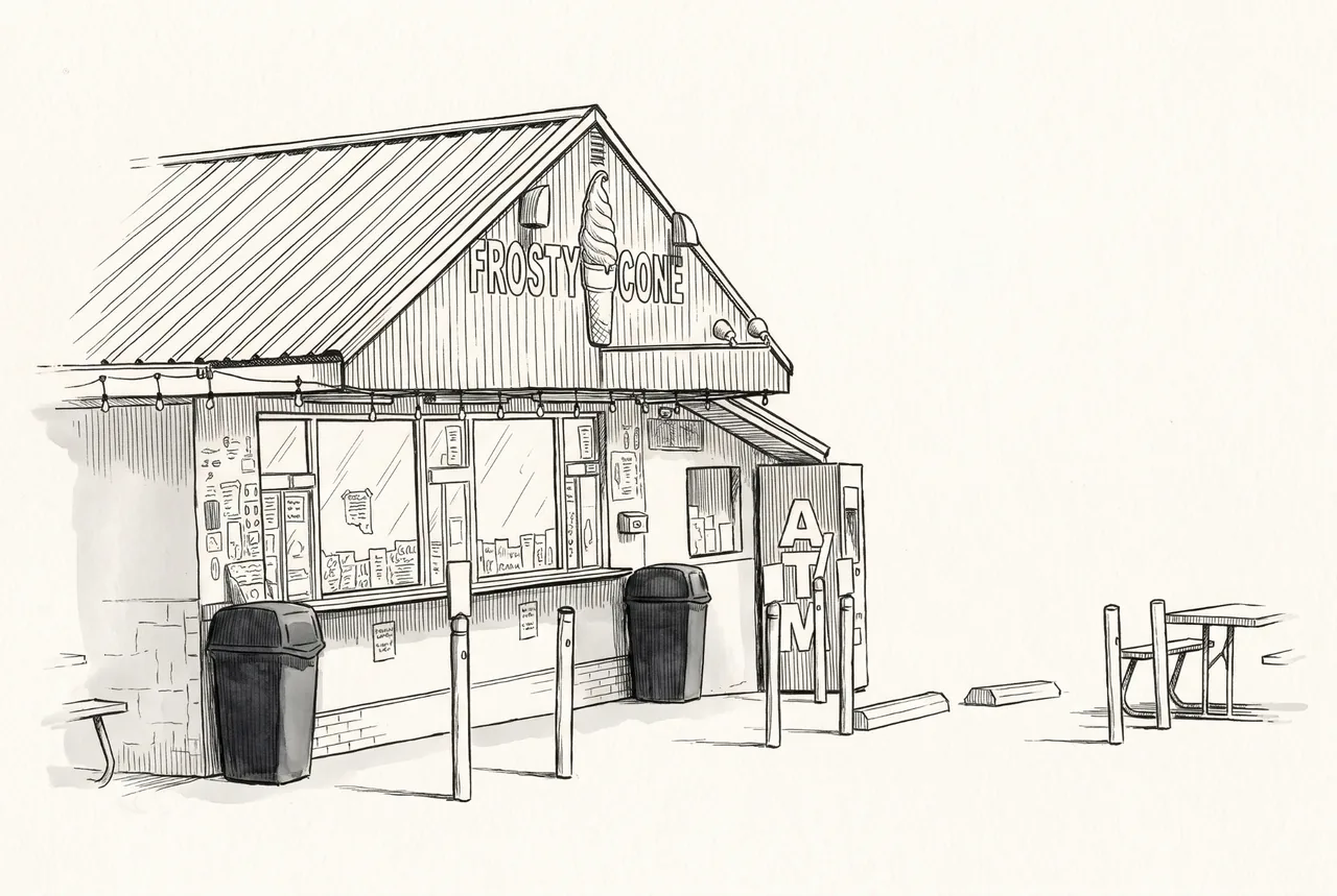 Ink drawing of the Frosty Cone stand