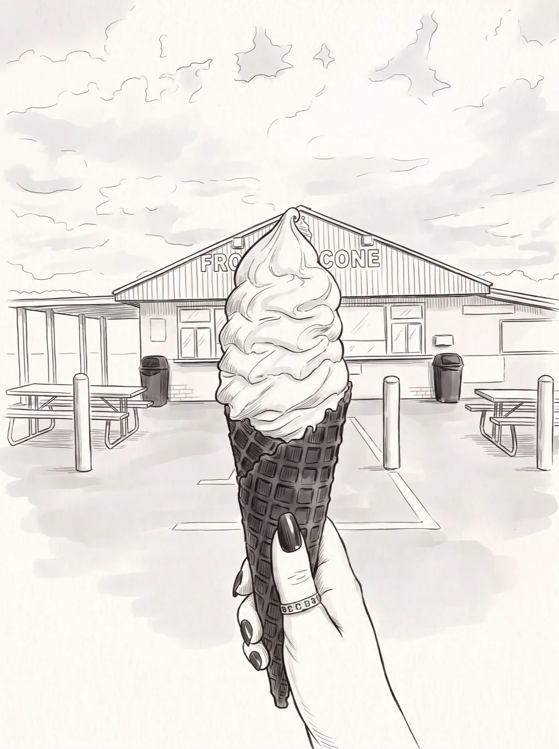 Ink drawing of a hand holding a soft serve cone in a chocolate waffle cone, the Frosty Cone stand behind it